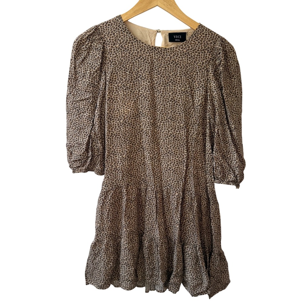 VICI Leopard Print Tiered Mini Dress Brown Animal Puff Sleeve Small